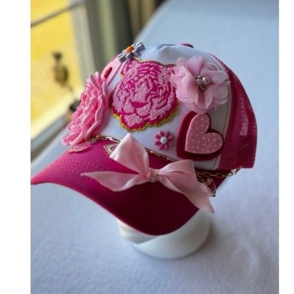 Custom Pink Tiger Patch Trucker Hat Floral Bows Charms Coquette Snapback Cap NEW main image 5